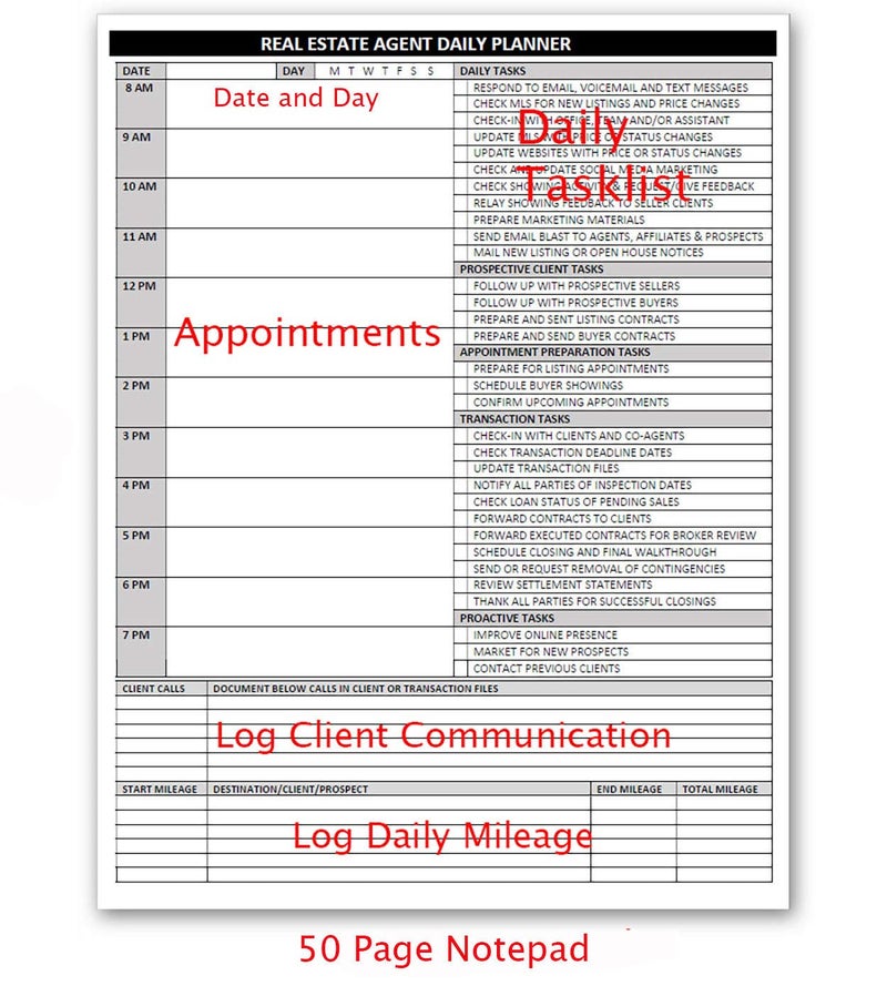 Life Charge Real Estate Agent Supplies - Daily Planner Task List Notepad. Simple one page document with calendar, task lists, call and mileage log. Keep organized & focused on selling real estate. 8.5 X 11 - Image 5